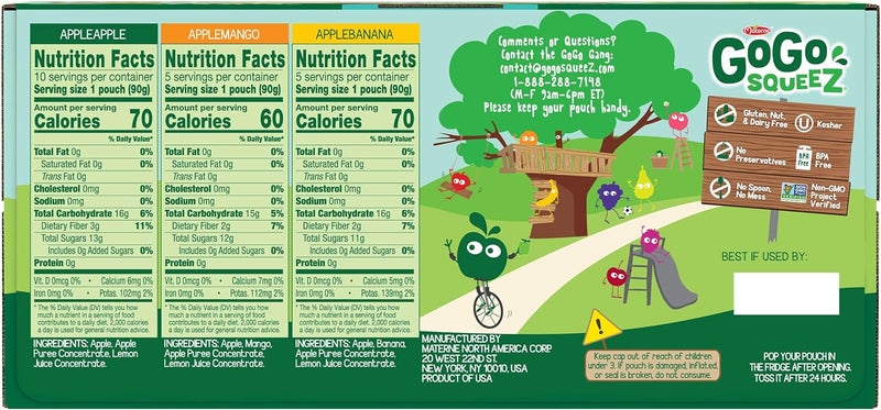 GoGo squeeZ Applesauce and Fruit Puree Variety Pack, Apple, Mango & Banana, 3.2 oz (Pack of 20), Unsweetened Fruit Snacks for Kids, Gluten Free, Nut Free, BPA Free Pouches (Packaging May Vary) - Image 2